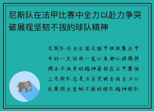 尼斯队在法甲比赛中全力以赴力争突破展现坚韧不拔的球队精神