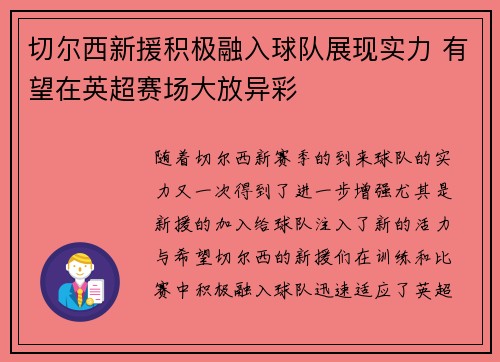 切尔西新援积极融入球队展现实力 有望在英超赛场大放异彩