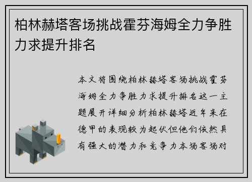 柏林赫塔客场挑战霍芬海姆全力争胜力求提升排名