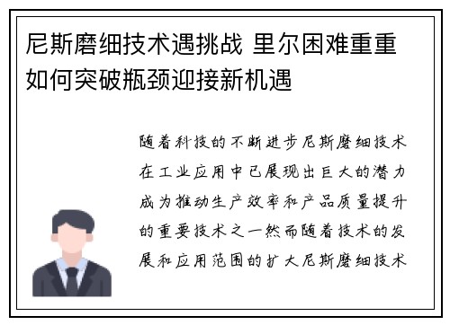 尼斯磨细技术遇挑战 里尔困难重重 如何突破瓶颈迎接新机遇