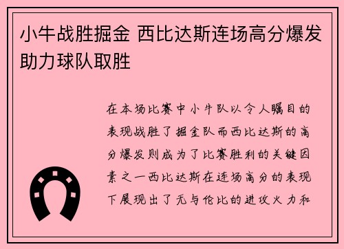 小牛战胜掘金 西比达斯连场高分爆发助力球队取胜