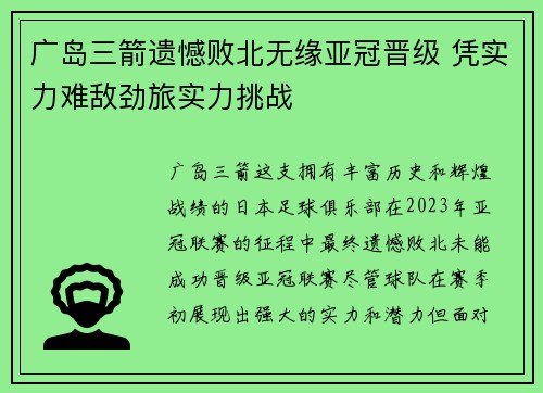 广岛三箭遗憾败北无缘亚冠晋级 凭实力难敌劲旅实力挑战