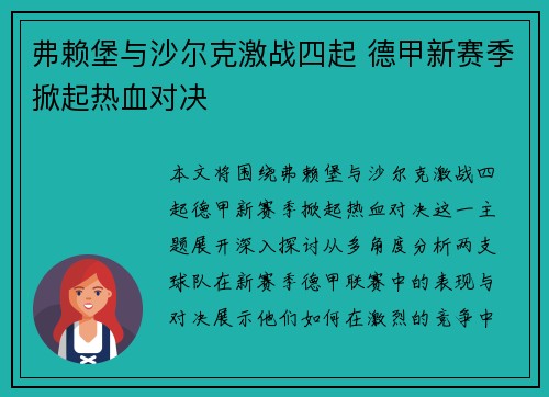 弗赖堡与沙尔克激战四起 德甲新赛季掀起热血对决