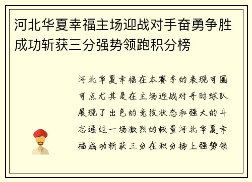 河北华夏幸福主场迎战对手奋勇争胜成功斩获三分强势领跑积分榜