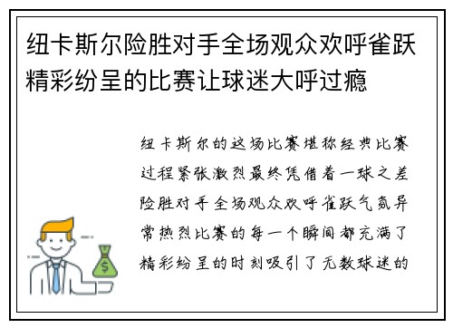 纽卡斯尔险胜对手全场观众欢呼雀跃精彩纷呈的比赛让球迷大呼过瘾