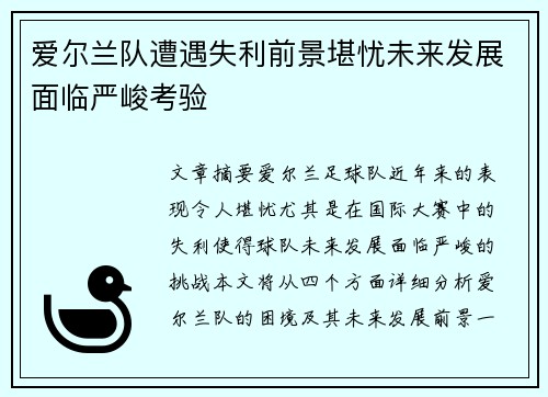 爱尔兰队遭遇失利前景堪忧未来发展面临严峻考验