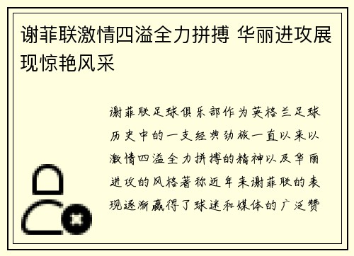 谢菲联激情四溢全力拼搏 华丽进攻展现惊艳风采